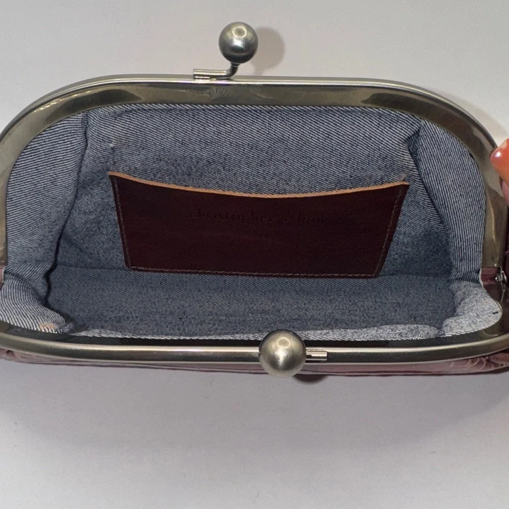 Christopher Kon  Brown Leather crocodile embossed  kiss lock  Clutch